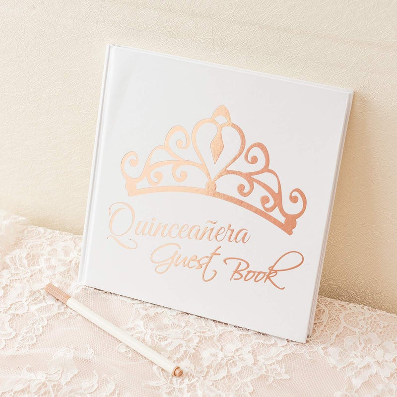 Calculs Libro De Firmas Para QuinceaÃ±era Guest Book 15th Quinceanera Party Favors Polaroid Picture Book Decorations 8.5â€ Square White Cover Rose Gold Gilding - Image 1